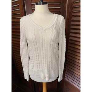 Style & Co Womens Cream Cable Knit V Neck Long Sleeve Sweater PS
